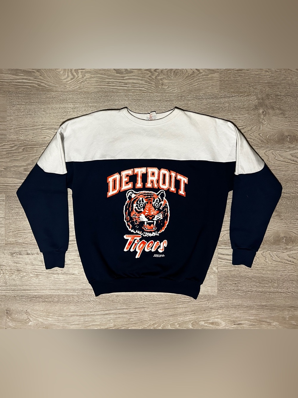 Vintage 1989 MLB Detroit Tigers Colorblock Crewneck Sweatshirt - Navy & White